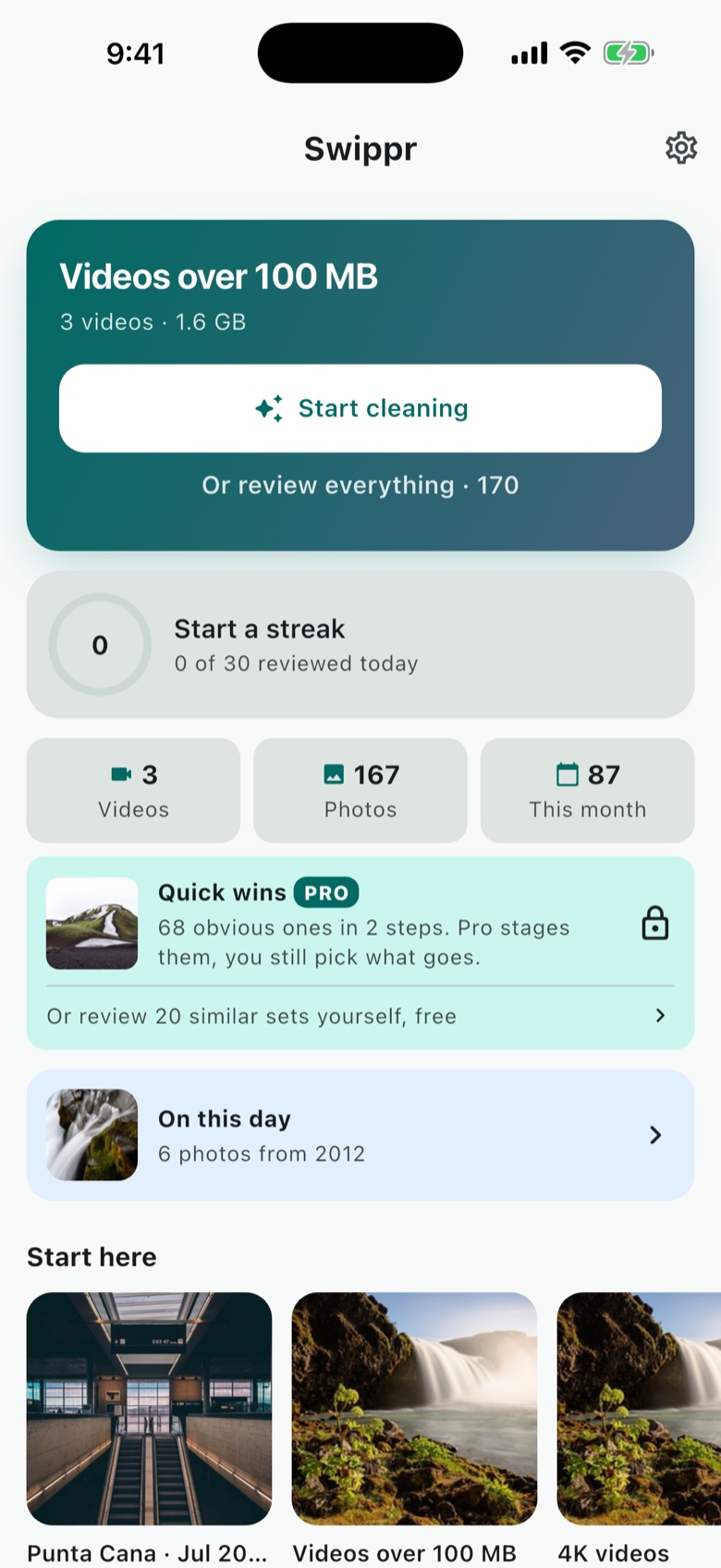 The Swippr home screen leading with Videos over 100 MB, 3 videos and 1.6 GB, above tiles reading 3 Videos, 167 Photos and 87 this month, a Quick wins card marked Pro with a free route beneath it, and a Start here rail with Punta Cana July 2026, Videos over 100 MB and 4K videos